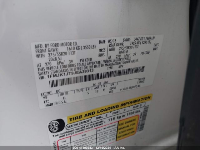 1FMJK1JT9JEA39313 Ford Expedition Max Xlt