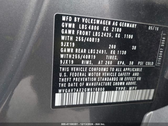 WVGAV7AX2GW616800 Volkswagen Tiguan R-line