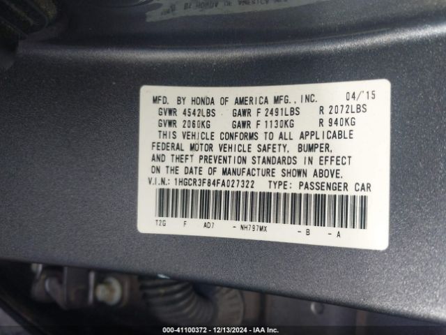 1HGCR3F84FA027322 Honda Accord Ex-l V-6