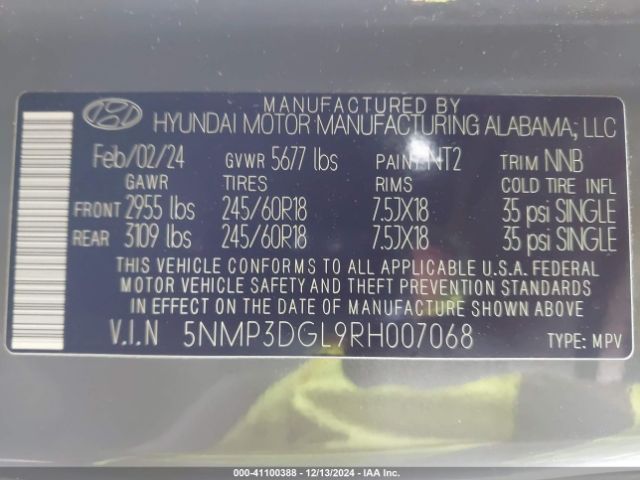 5NMP3DGL9RH007068 Hyundai Santa Fe Xrt