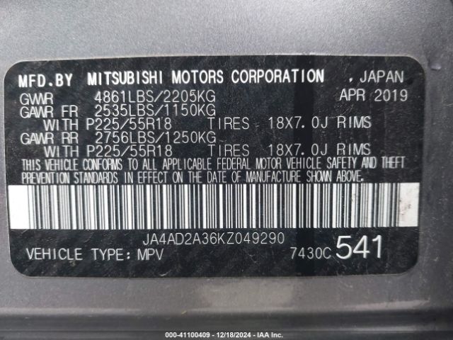 JA4AD2A36KZ049290 Mitsubishi Outlander Es