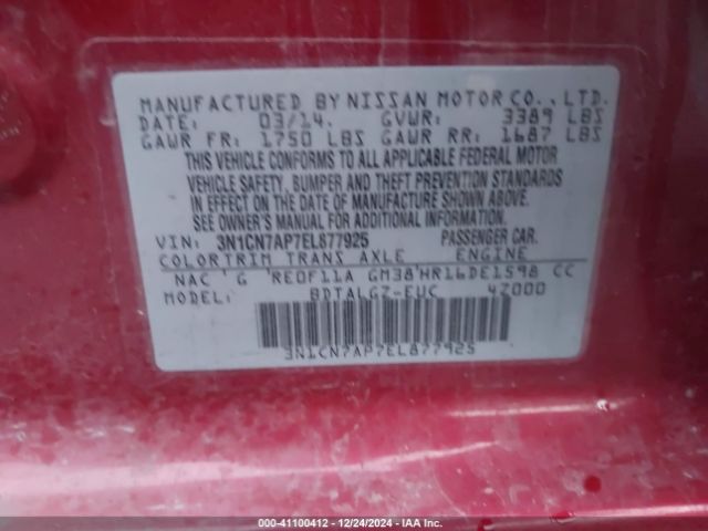 3N1CN7AP7EL877925 Nissan Versa 1.6 Sl