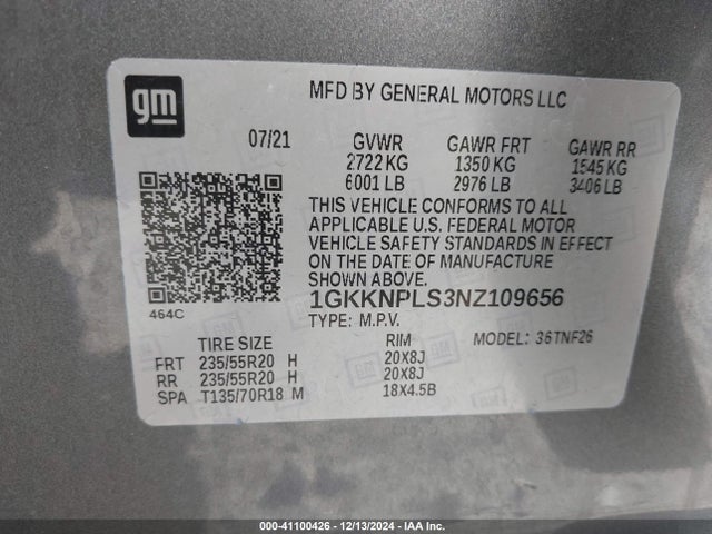 1GKKNPLS3NZ109656 GMC Acadia Fwd Denali