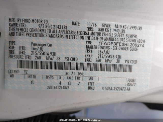 1FADP3FE0HL206274 Ford FOCUS SE