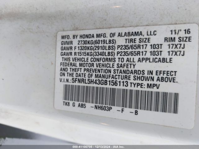 5FNRL5H43GB156113 Honda ODYSSEY EX
