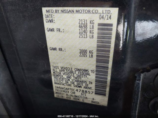1N4AA5AP7EC478857 Nissan Maxima 3.5 S/3.5 Sv