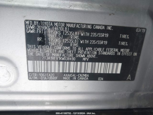 2T3A1RFV1KW038490 Toyota Rav4 Xle Premium