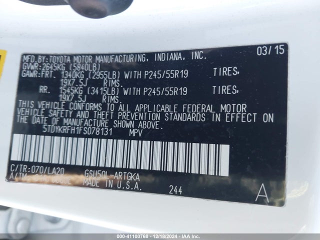 5TDYKRFH1FS078131 Toyota Highlander Limited V6