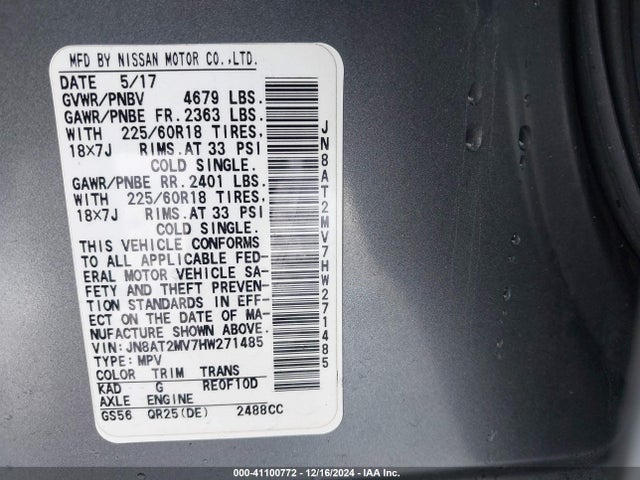 JN8AT2MV7HW271485 Nissan Rogue Sl
