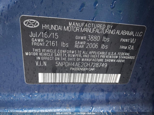 Hyundai ELANTRA SE 2016 5NPDH4AE2GH728749 Image 9