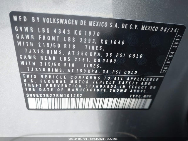 Auction sale of the 2024 Volkswagen Taos 1.5t Se, vin: 3VVEX7B27RM101282, lot number: 41100791