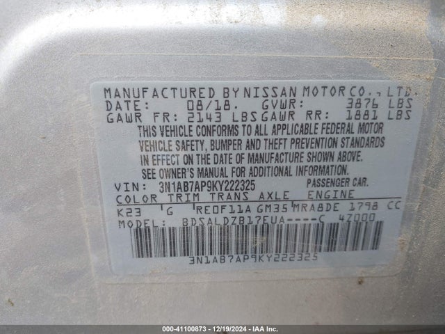 Nissan SENTRA SV 2019 3N1AB7AP9KY222325 Image 9