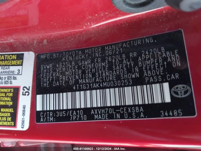 4T1G31AK4MU030253 Toyota Camry Se Hybrid