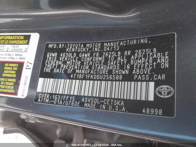 41101003 :رقم المزاد ، 4T1BF1FK0DU256588 vin ، 2013 Toyota Camry Se مزاد بيع