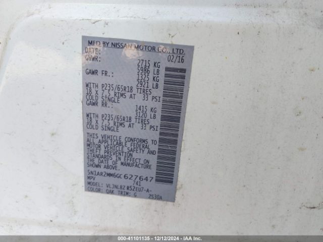 5N1AR2MM6GC627647 Nissan Pathfinder Platinum/s/sl/sv