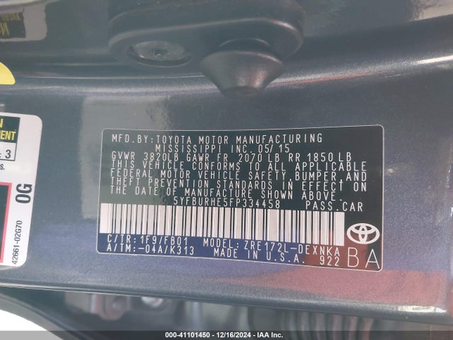 Toyota COROLLA LE 2015 5YFBURHE5FP334458 Image 9