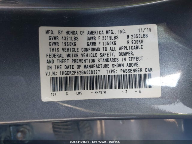 1HGCR2F52GA069277 Honda k24w1