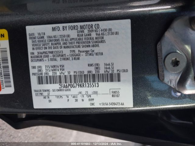 3FA6P0G79KR135513 Ford FUSION S