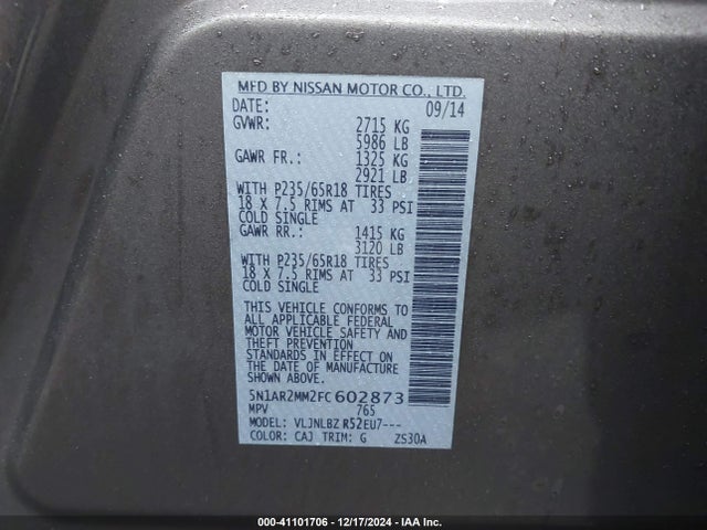 Nissan Pathfinder S 2015 5N1AR2MM2FC602873 Image 9