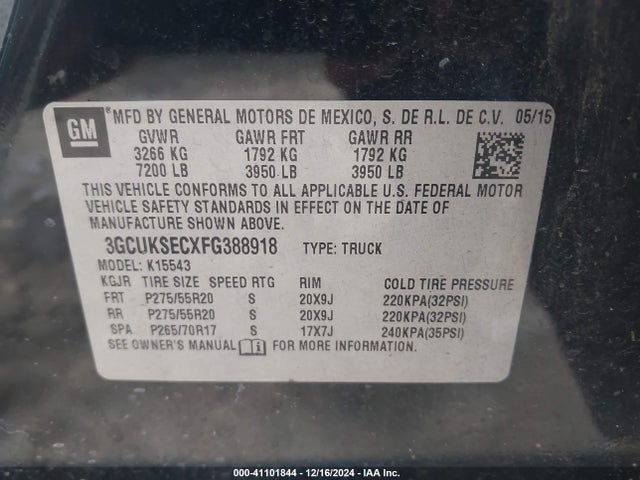 Chevrolet Silverado 1500 2lz 2015 3GCUKSECXFG388918 Image 9