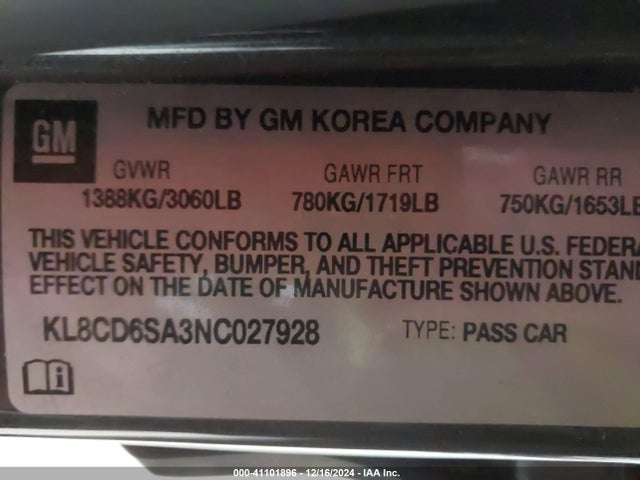 KL8CD6SA3NC027928 Chevrolet Spark Fwd 1lt Automatic