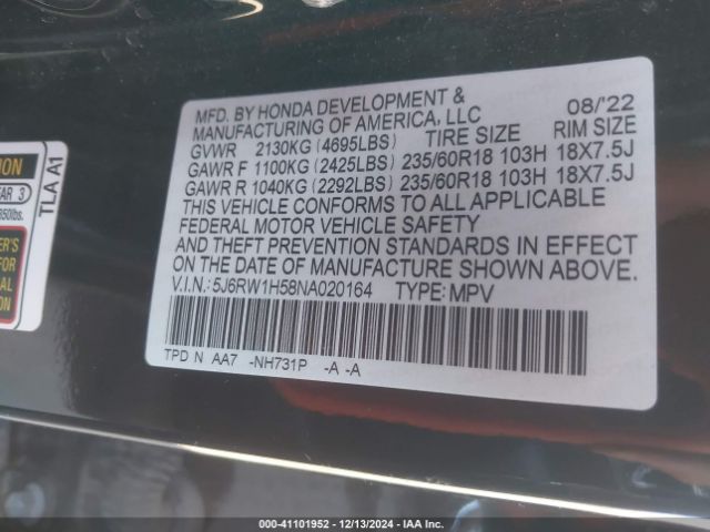 5J6RW1H58NA020164 Honda Cr-v 2wd Ex