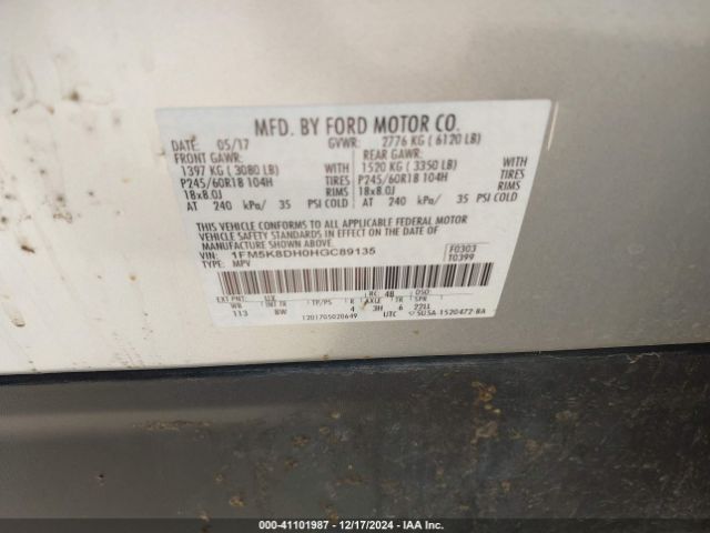 1FM5K8DH0HGC89135 Ford EXPLORER XLT