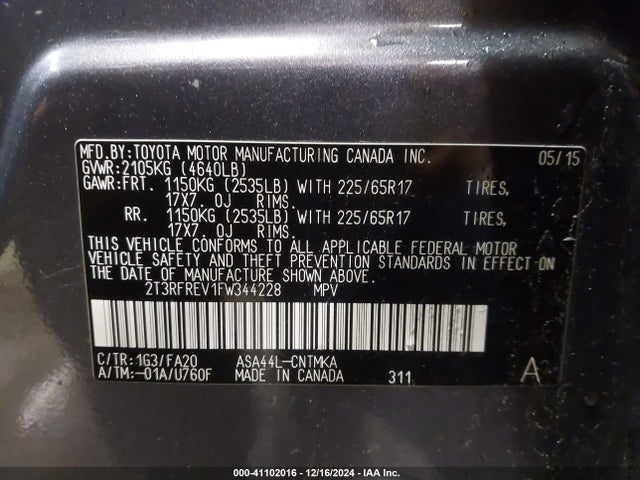 Toyota Rav4 Xle 2015 2T3RFREV1FW344228 Image 9