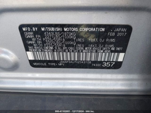 JA4AP3AU7HZ043108 Mitsubishi Outlander Sport 2.0 Le
