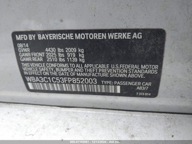 BMW 328I 2015 WBA3C1C53FP852003 Image 9