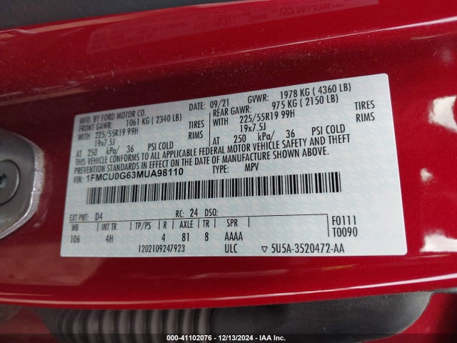 1FMCU0G63MUA98110 Ford ESCAPE SE