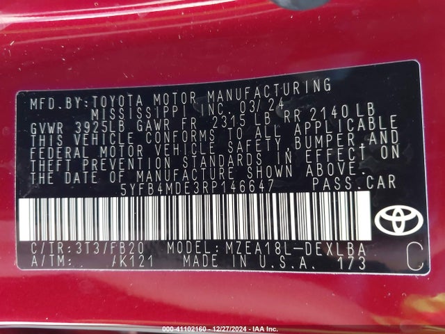5YFB4MDE3RP146647 Toyota COROLLA LE