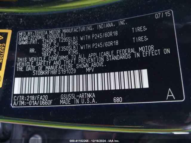 5TDBKRFH8FS191029 Toyota Highlander Le Plus V6