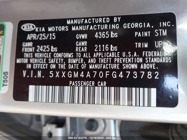 KIA Optima Lx 2015 5XXGM4A70FG473782 Image 9