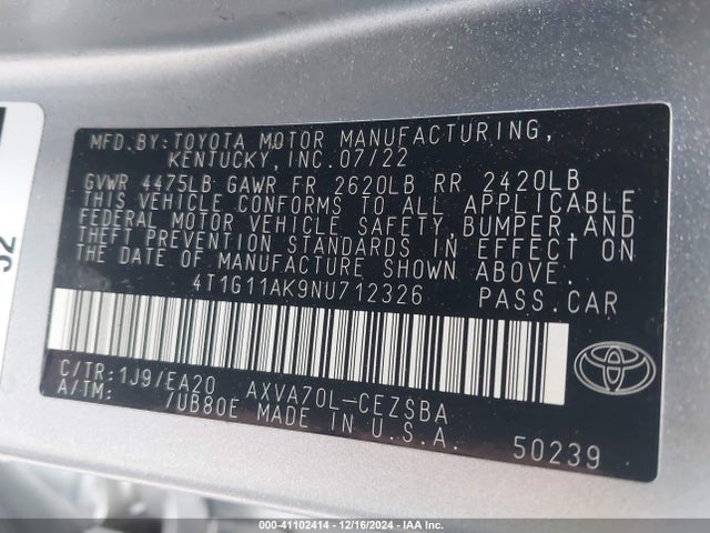 Toyota CAMRY SE 2022 4T1G11AK9NU712326 Image 9