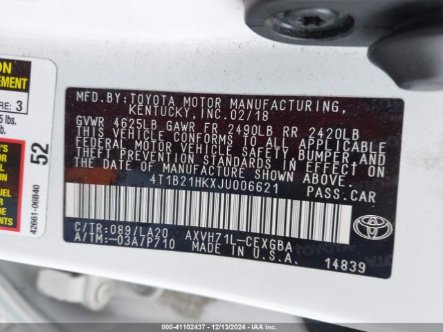 4T1B21HKXJU006621 Toyota Camry Hybrid Xle