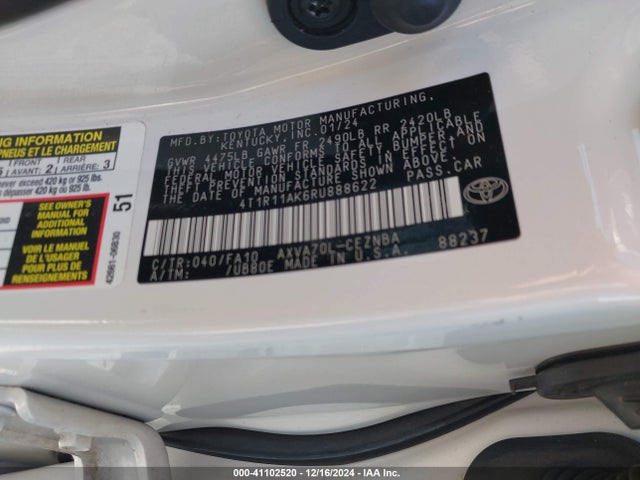 4T1R11AK6RU888622 Toyota CAMRY LE