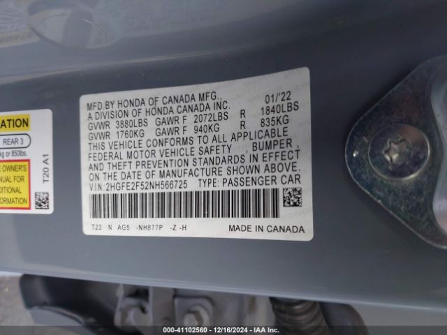 2HGFE2F52NH566725 Honda Civic Sport