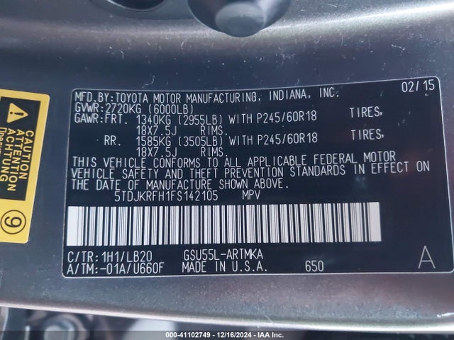 Toyota Highlander Xle V6 2015 5TDJKRFH1FS142105 Image 9