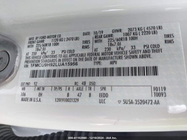 1FMCU9H92LUA15956 Ford ESCAPE SEL