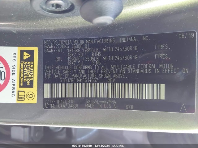 Toyota Highlander Xle 2019 5TDJZRFH4KS614657 Image 9
