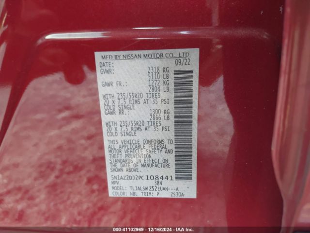 5N1AZ2DJ2PC108441 Nissan Murano Platinum Fwd