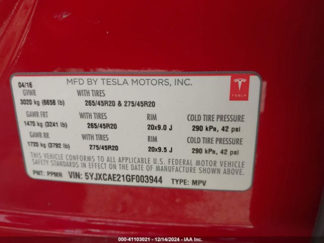 5YJXCAE21GF003944 Tesla MODEL X
