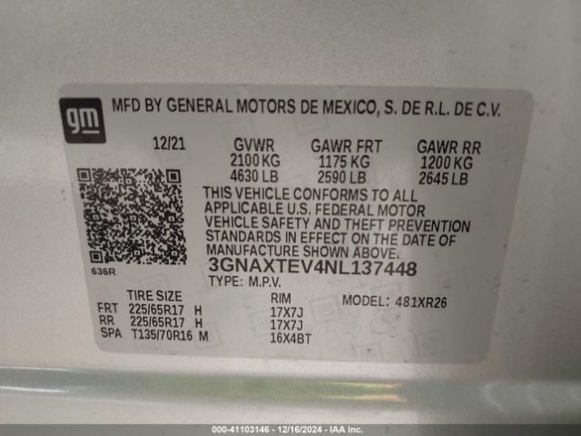 3GNAXTEV4NL137448 Chevrolet Equinox Awd 2fl