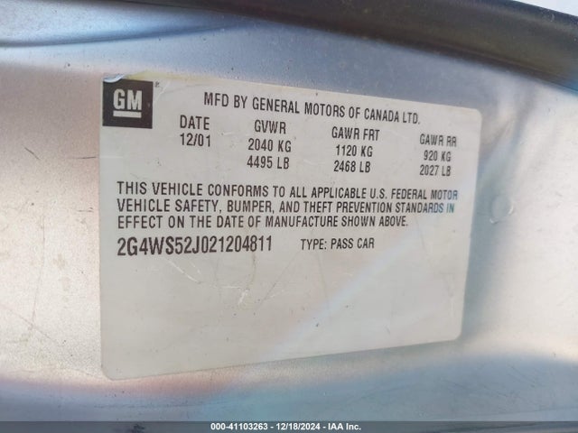 Продаж на аукціоні авто 2002 Buick Century Custom, vin: 2G4WS52J021204811, номер лоту: 41103263