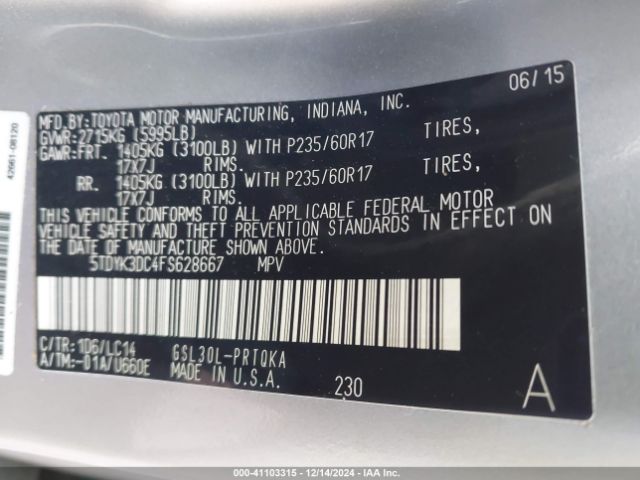 5TDYK3DC4FS628667 Toyota Sienna Xle 8 Passenger