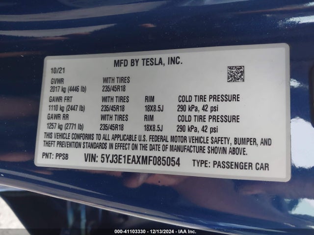 2021 TESLA MODEL 3 5YJ3E1EAXMF085054 Photo 8
