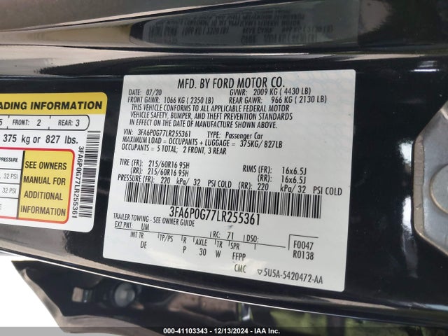 Ford FUSION S 2020 3FA6P0G77LR255361 Image 9