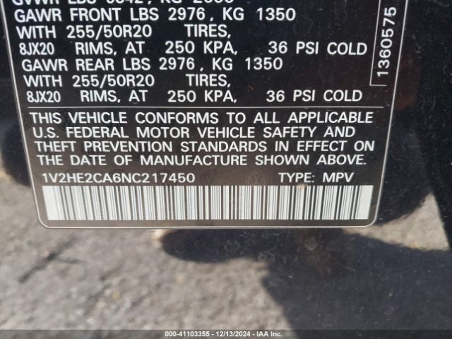 1V2HE2CA6NC217450 Volkswagen Atlas Cross Sport 3.6l V6 Se W/technology