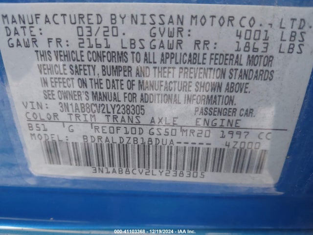 3N1AB8CV2LY238305 Nissan Sentra Sv Xtronic Cvt